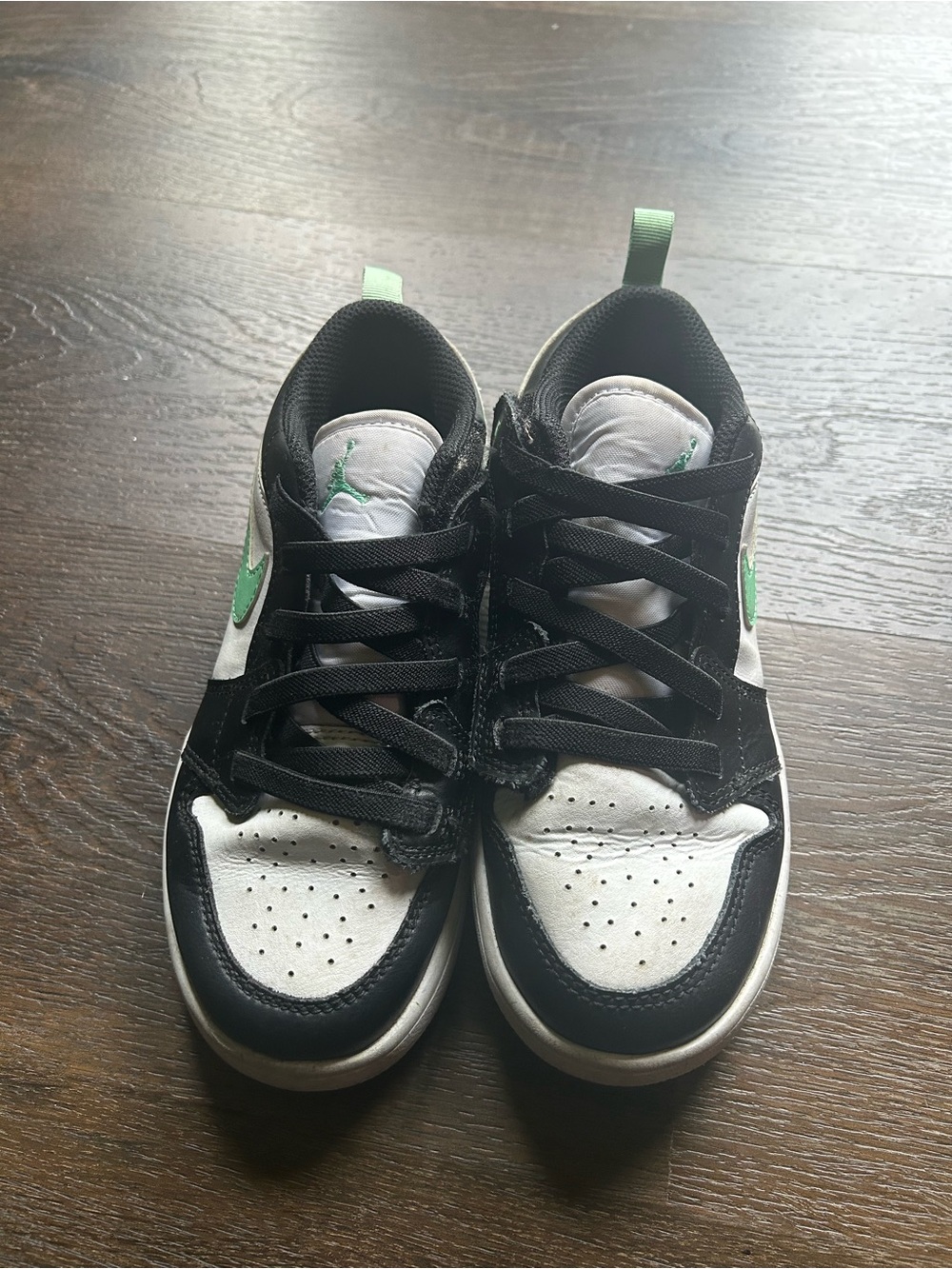 Jordan Kids Black and White Low-Top Sneakers with Green Logo